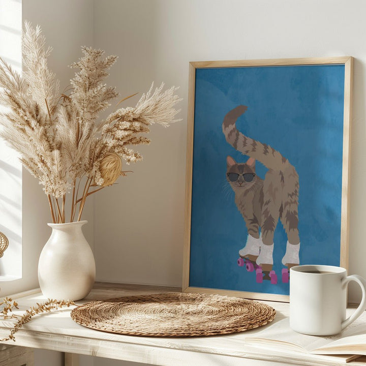 CAT ROLLERSKATING - Stretched Canvas, Poster or Fine Art Print - I Heart Wall Art - Poster Print, Canvas Print or Framed Art Print