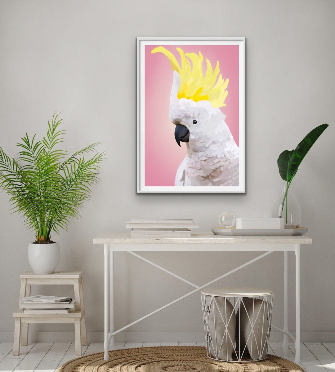 Cheeky Cockatoo - Pink Cockatoo Bird Art Print Stretched Canvas Wall Art - I Heart Wall Art