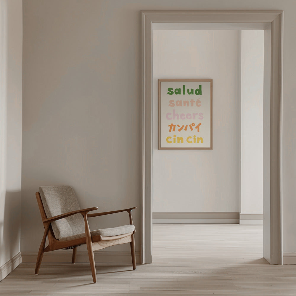 Cheers Typography - Salud Santé Cheers Kanpai Cin cin - Stretched Canvas, Poster or Fine Art Print I Heart Wall Art