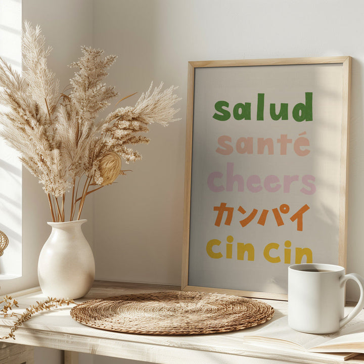 Cheers Typography - Salud Santé Cheers Kanpai Cin cin - Stretched Canvas, Poster or Fine Art Print I Heart Wall Art