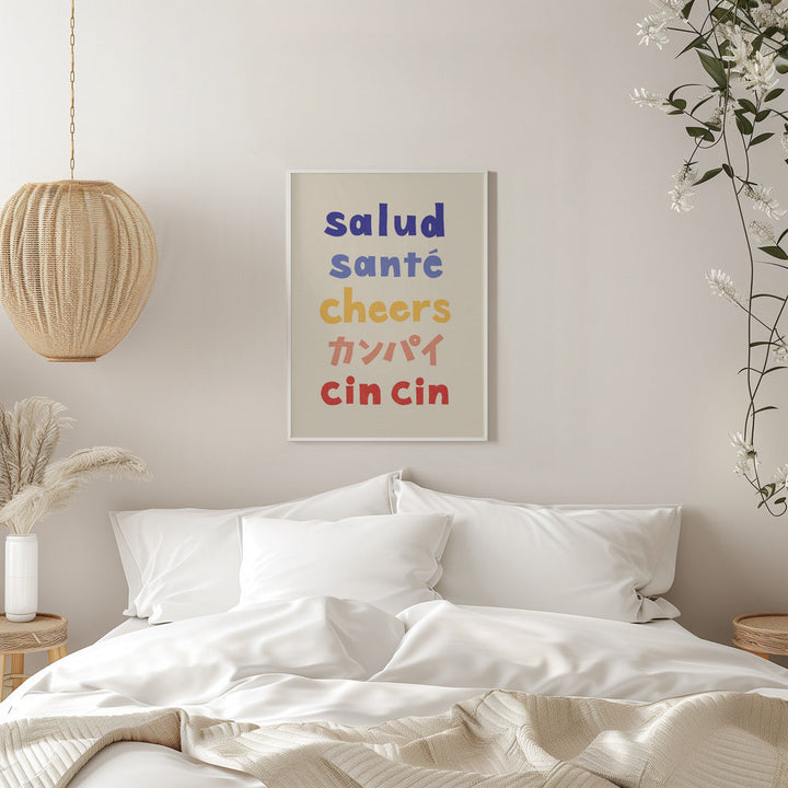 Cheers Typography - Salud Santé Cheers Kanpai Cin cin - Stretched Canvas, Poster or Fine Art Print I Heart Wall Art