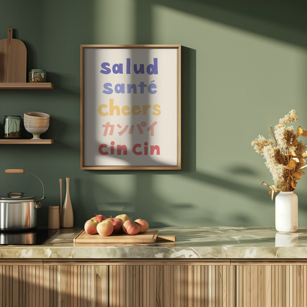 Cheers Typography - Salud Santé Cheers Kanpai Cin cin - Stretched Canvas, Poster or Fine Art Print I Heart Wall Art