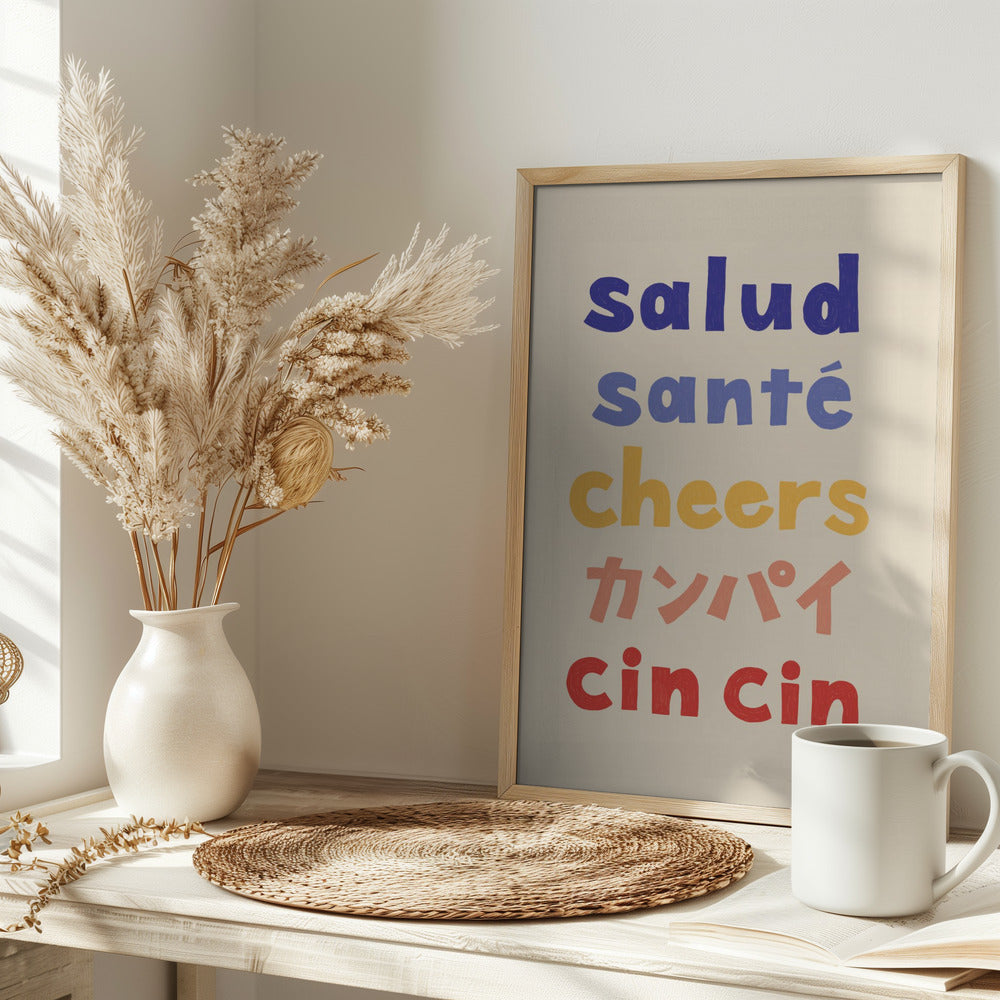 Cheers Typography - Salud Santé Cheers Kanpai Cin cin - Stretched Canvas, Poster or Fine Art Print I Heart Wall Art