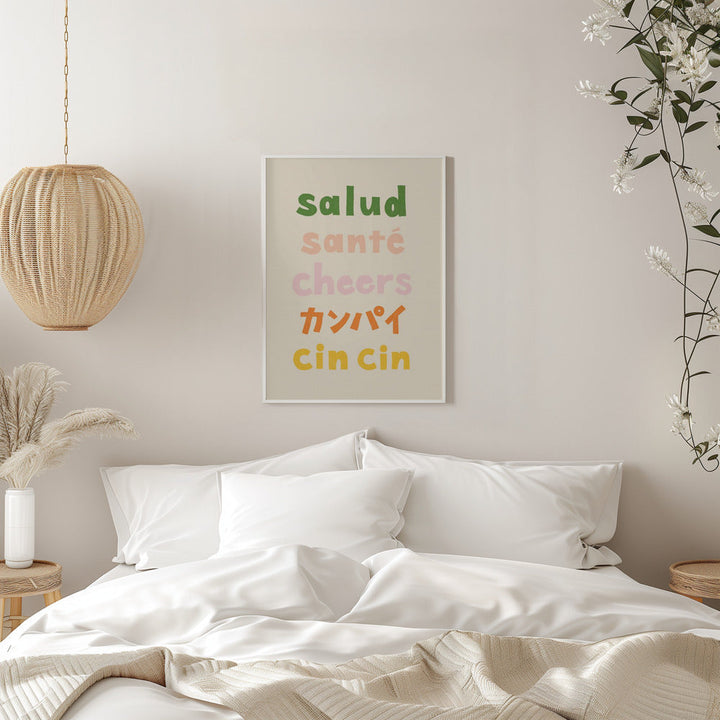 Cheers Typography - Salud Santé Cheers Kanpai Cin cin - Stretched Canvas, Poster or Fine Art Print I Heart Wall Art