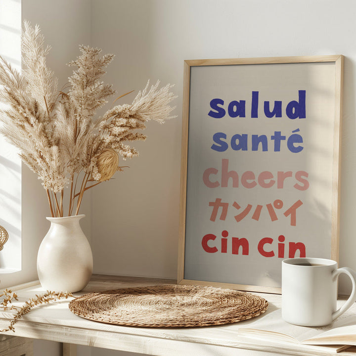 Cheers Typography - Salud Santé Cheers Kanpai Cin cin - Stretched Canvas, Poster or Fine Art Print I Heart Wall Art