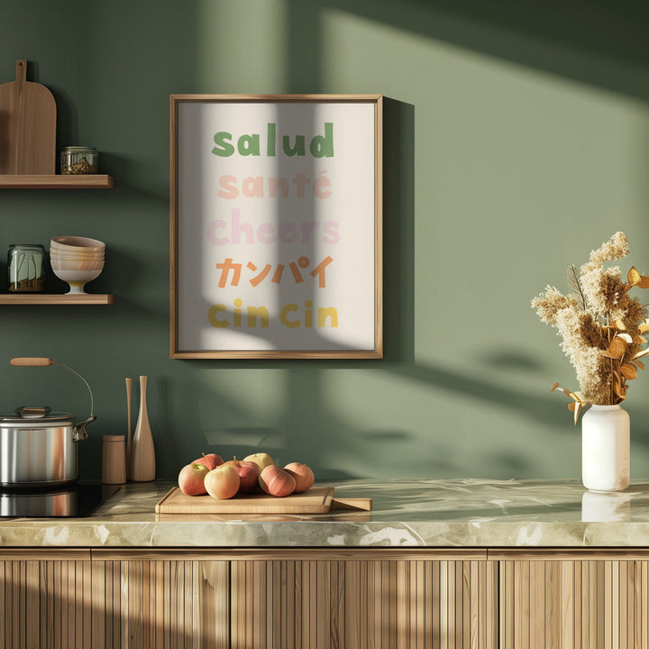 Cheers Typography - Salud Santé Cheers Kanpai Cin cin - Stretched Canvas, Poster or Fine Art Print I Heart Wall Art