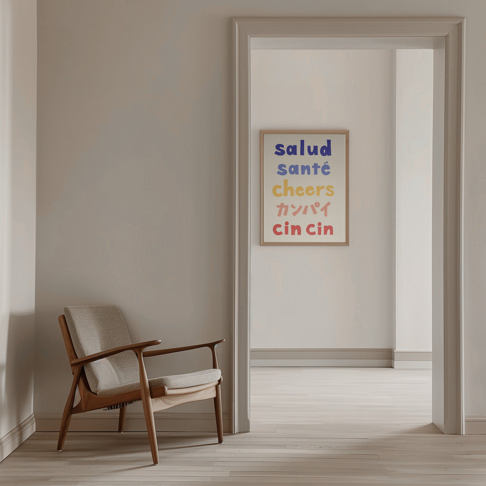 Cheers Typography - Salud Santé Cheers Kanpai Cin cin - Stretched Canvas, Poster or Fine Art Print I Heart Wall Art