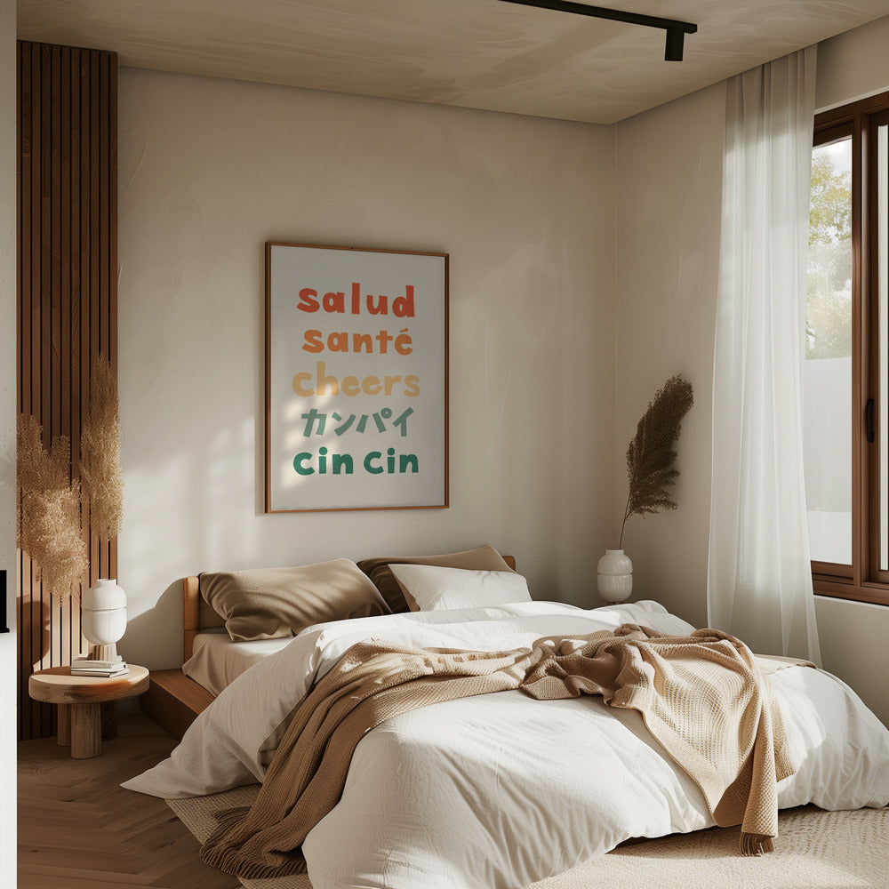 Cheers Typography - Salud Santé Cheers Kanpai Cin cin - Stretched Canvas, Poster or Fine Art Print I Heart Wall Art