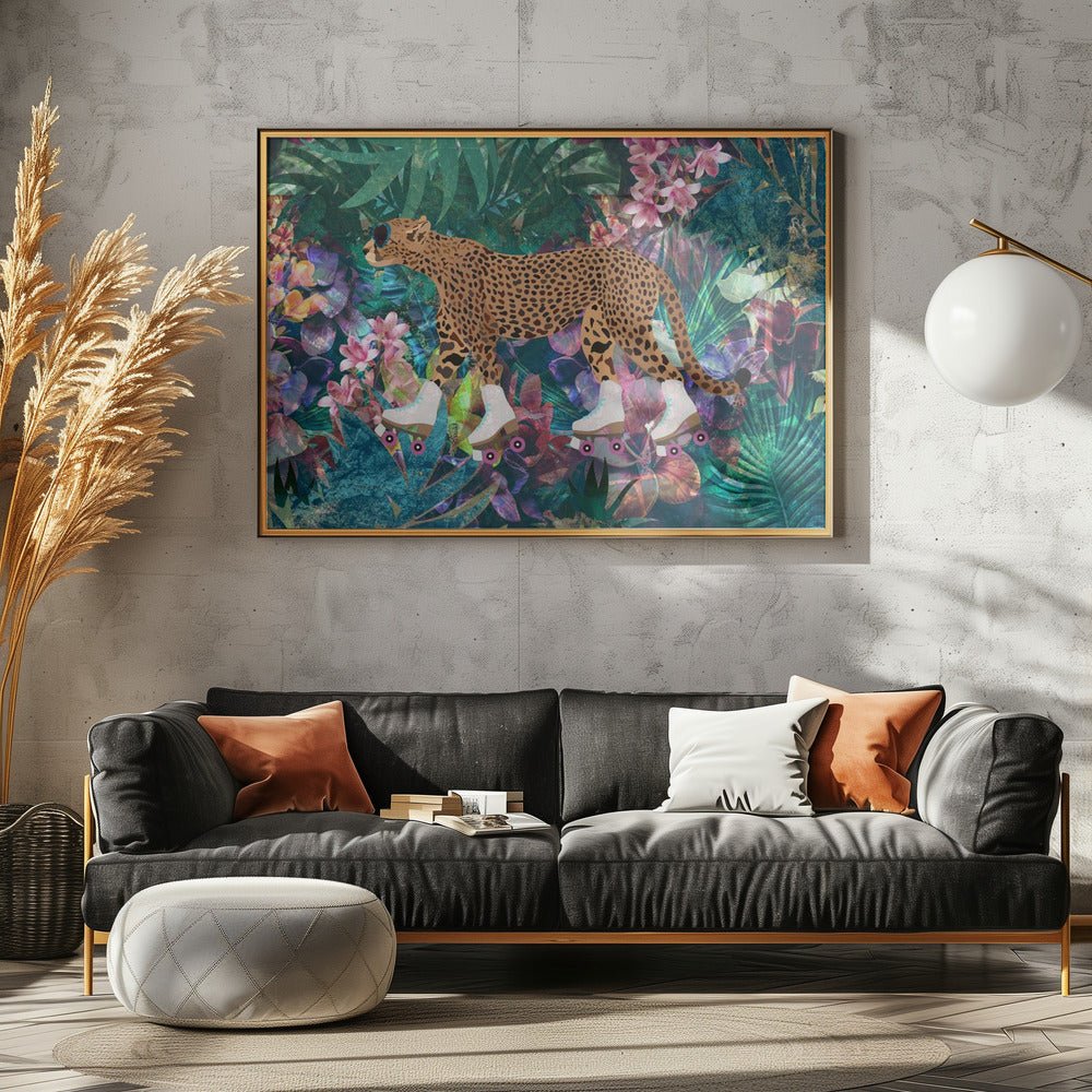 Cheetah Rollerskating in the jungle - Stretched Canvas, Poster or Fine Art Print - I Heart Wall Art - Poster Print, Canvas Print or Framed Art Print