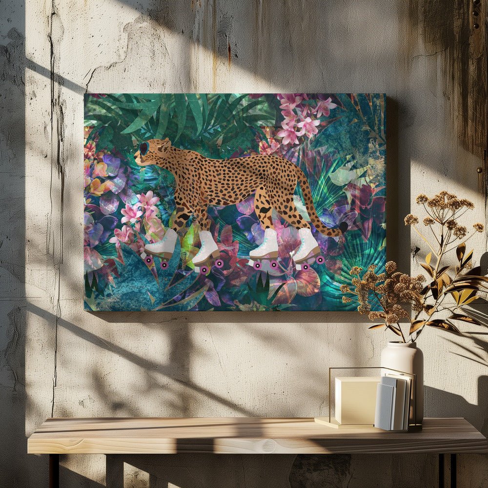 Cheetah Rollerskating in the jungle - Stretched Canvas, Poster or Fine Art Print - I Heart Wall Art - Poster Print, Canvas Print or Framed Art Print