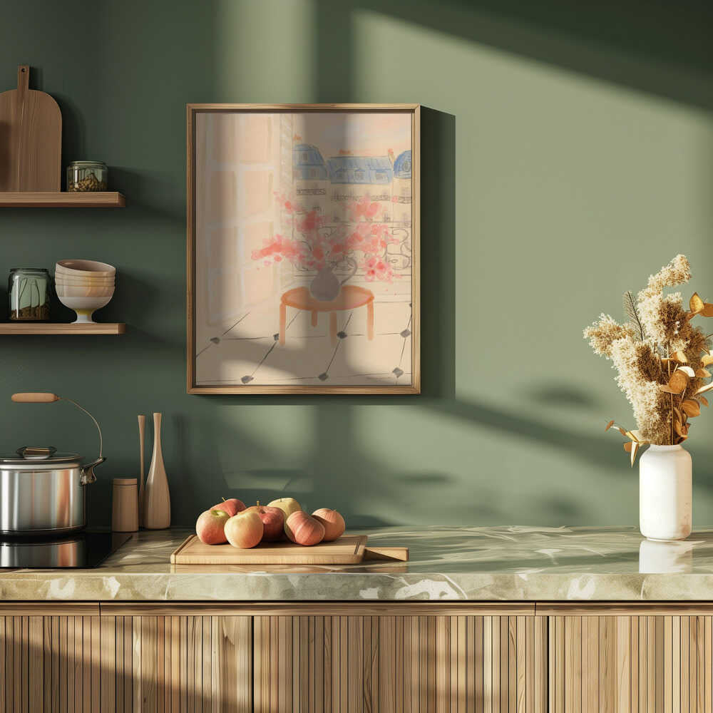 Cherry Blossoms In Parisian Apartment - Stretched Canvas Poster or Fine Art Print