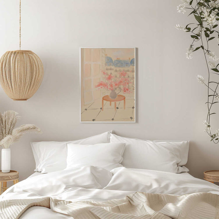 Cherry Blossoms In Parisian Apartment - Stretched Canvas Poster or Fine Art Print