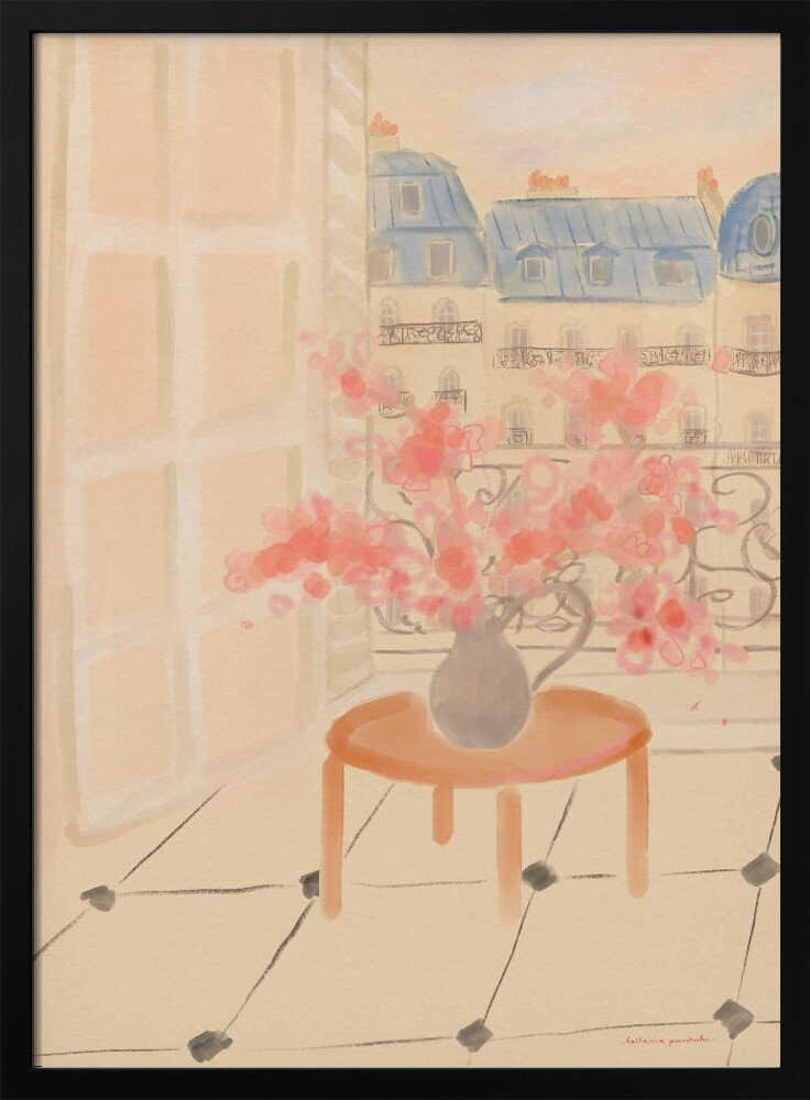 Cherry Blossoms In Parisian Apartment - Stretched Canvas Poster or Fine Art Print
