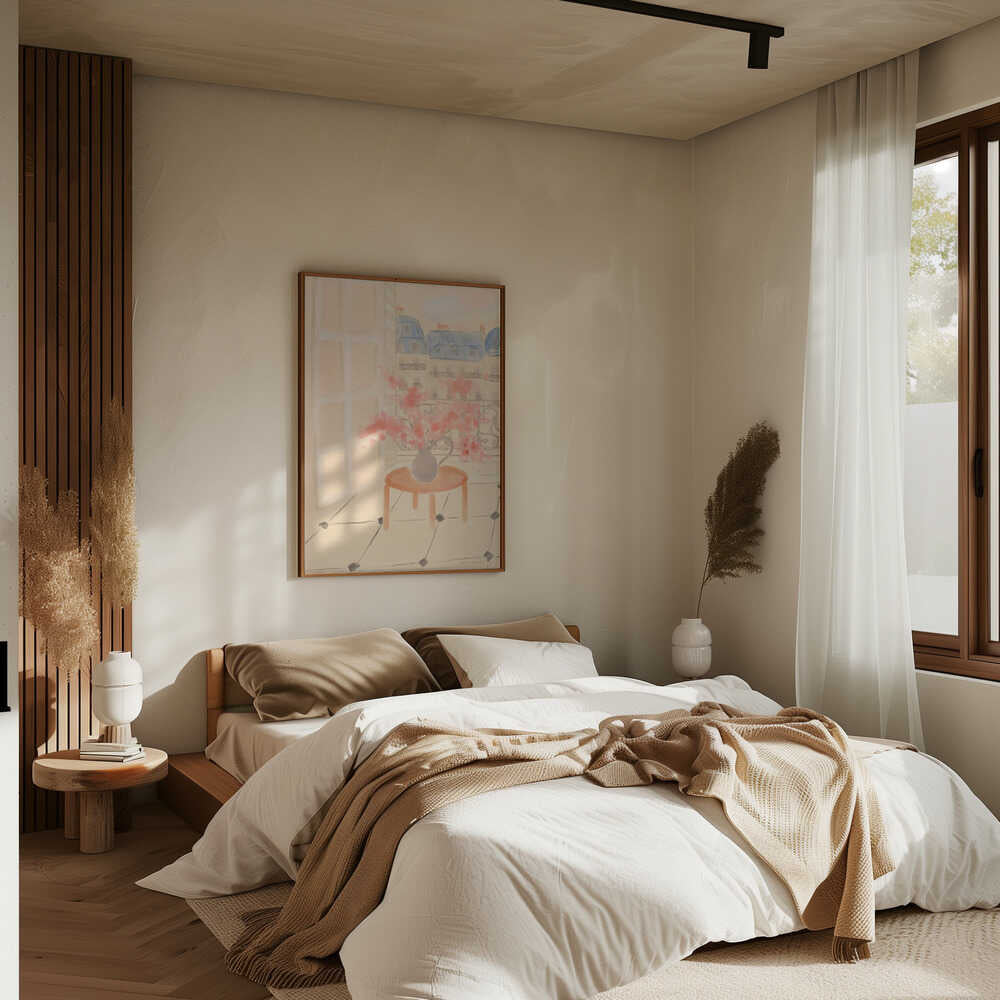 Cherry Blossoms In Parisian Apartment - Stretched Canvas Poster or Fine Art Print