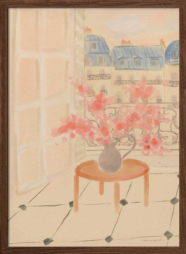 Cherry Blossoms In Parisian Apartment - Stretched Canvas Poster or Fine Art Print