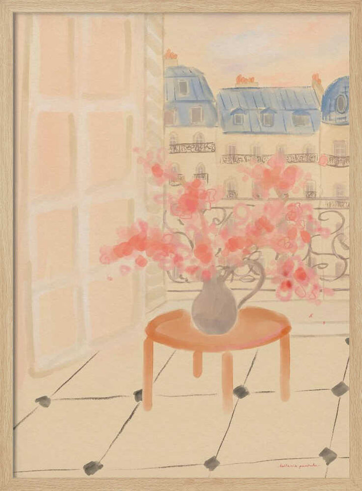 Cherry Blossoms In Parisian Apartment - Stretched Canvas Poster or Fine Art Print