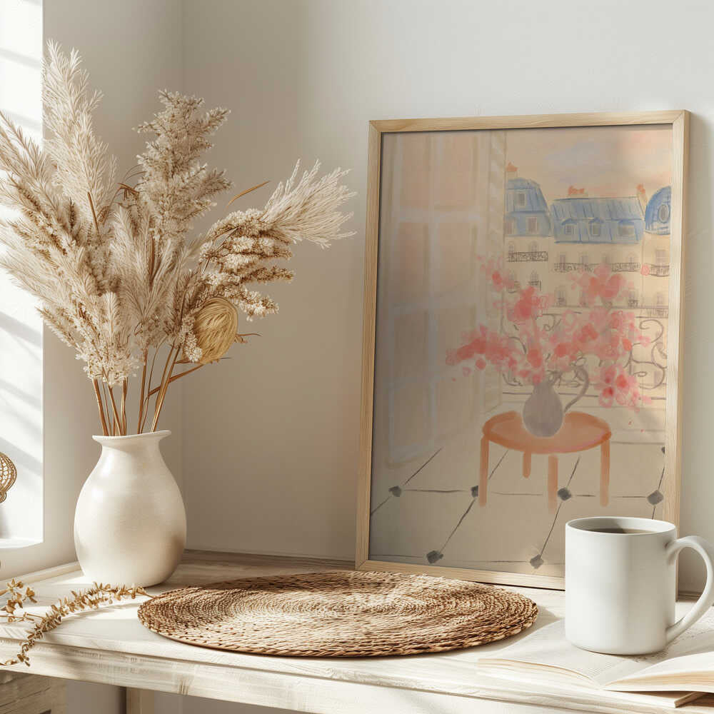 Cherry Blossoms In Parisian Apartment - Stretched Canvas Poster or Fine Art Print