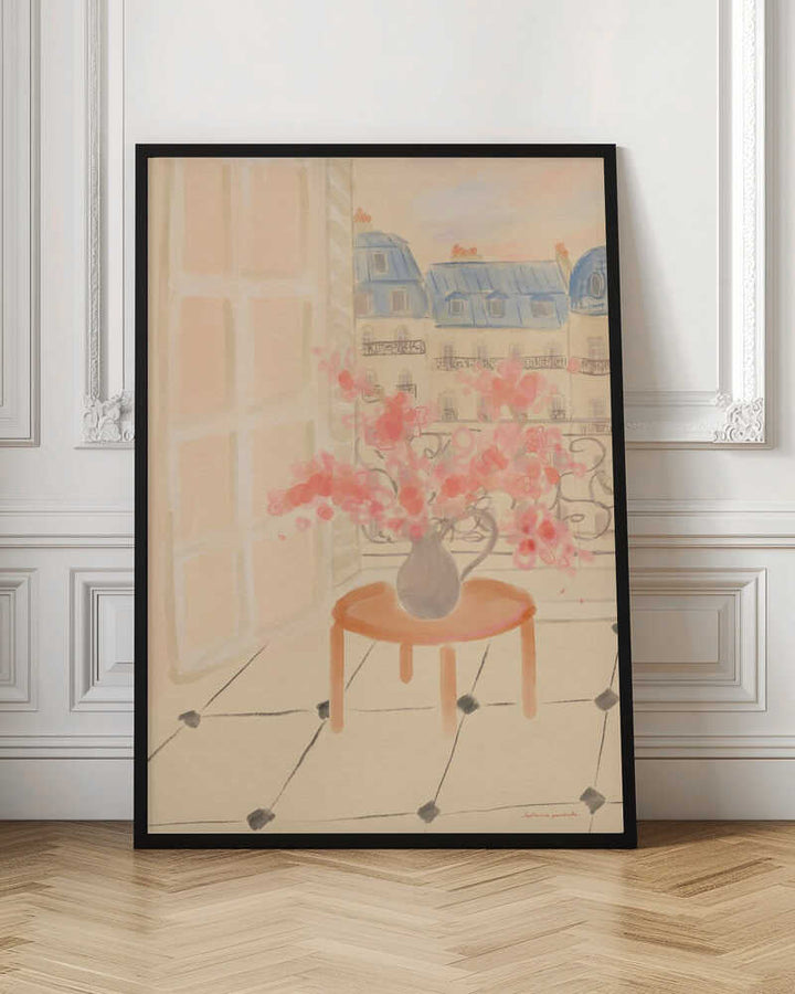 Cherry Blossoms In Parisian Apartment - Stretched Canvas Poster or Fine Art Print