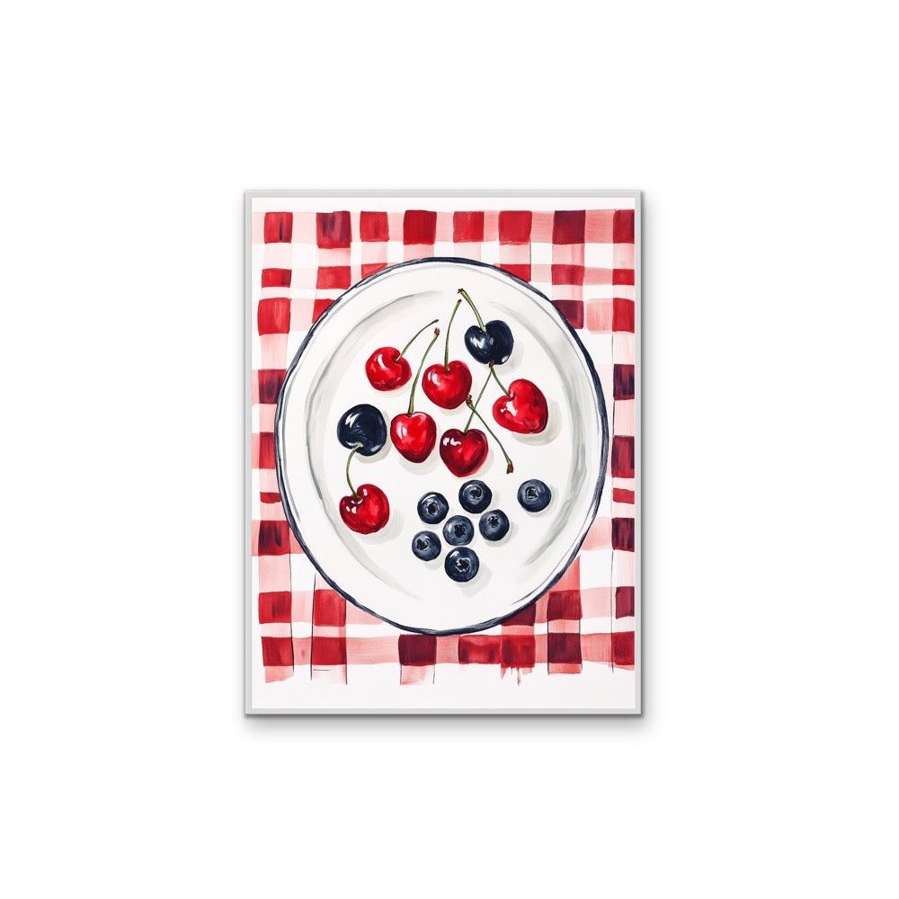 Cherry Gingham - Red Patterned Fruit Stretched Canvas Wall Art Print I Heart Wall Art