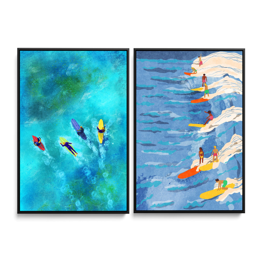 chilled surfing and Surfer Dudes by  Raissa	Oltmanns - Two Piece Stretched Canvas or Art Print Set Diptych - I Heart Wall Art