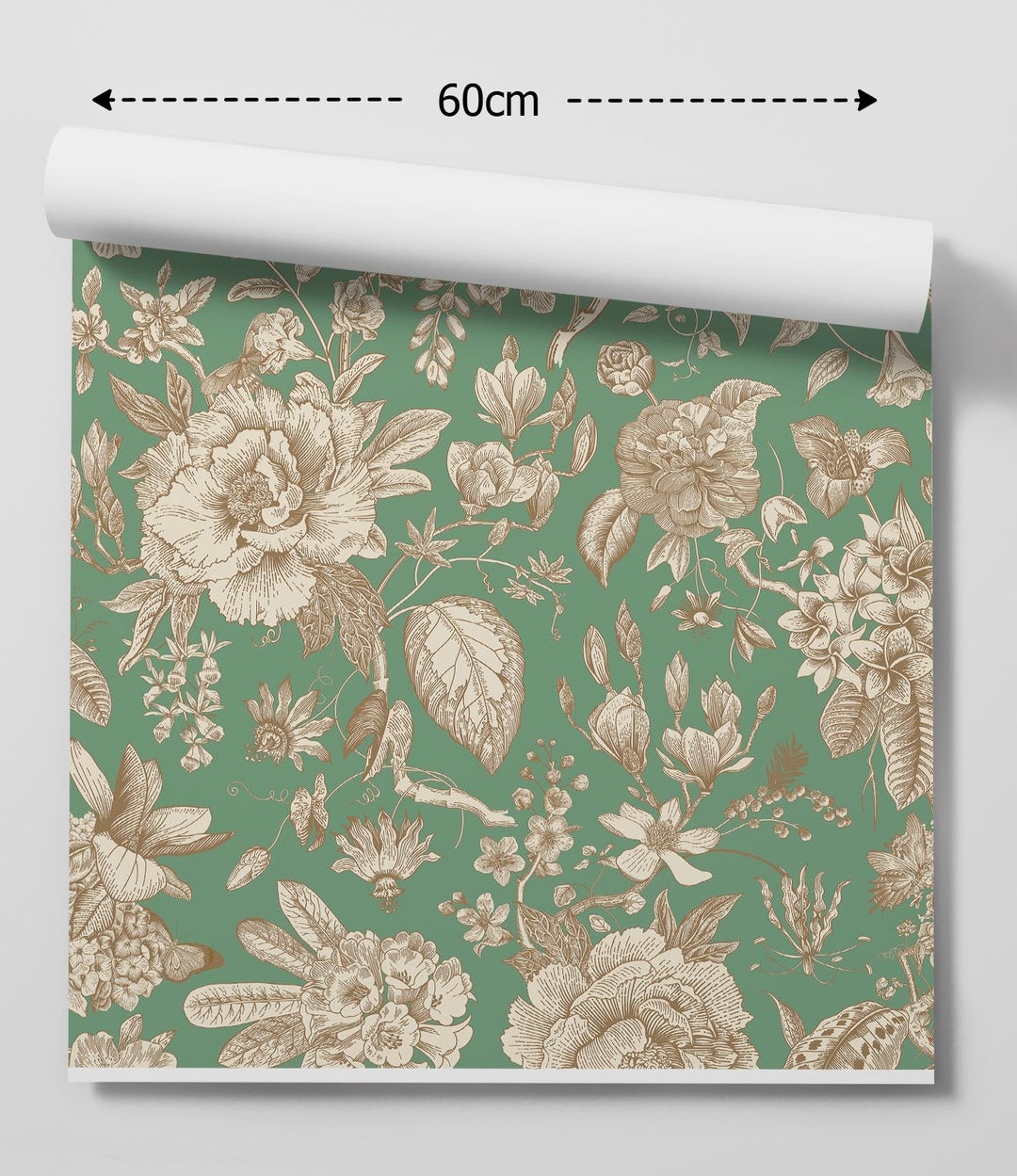 A roll of chinoiserie in green wallpaper with intricate beige floral botanical illustrations removable peel and stick design