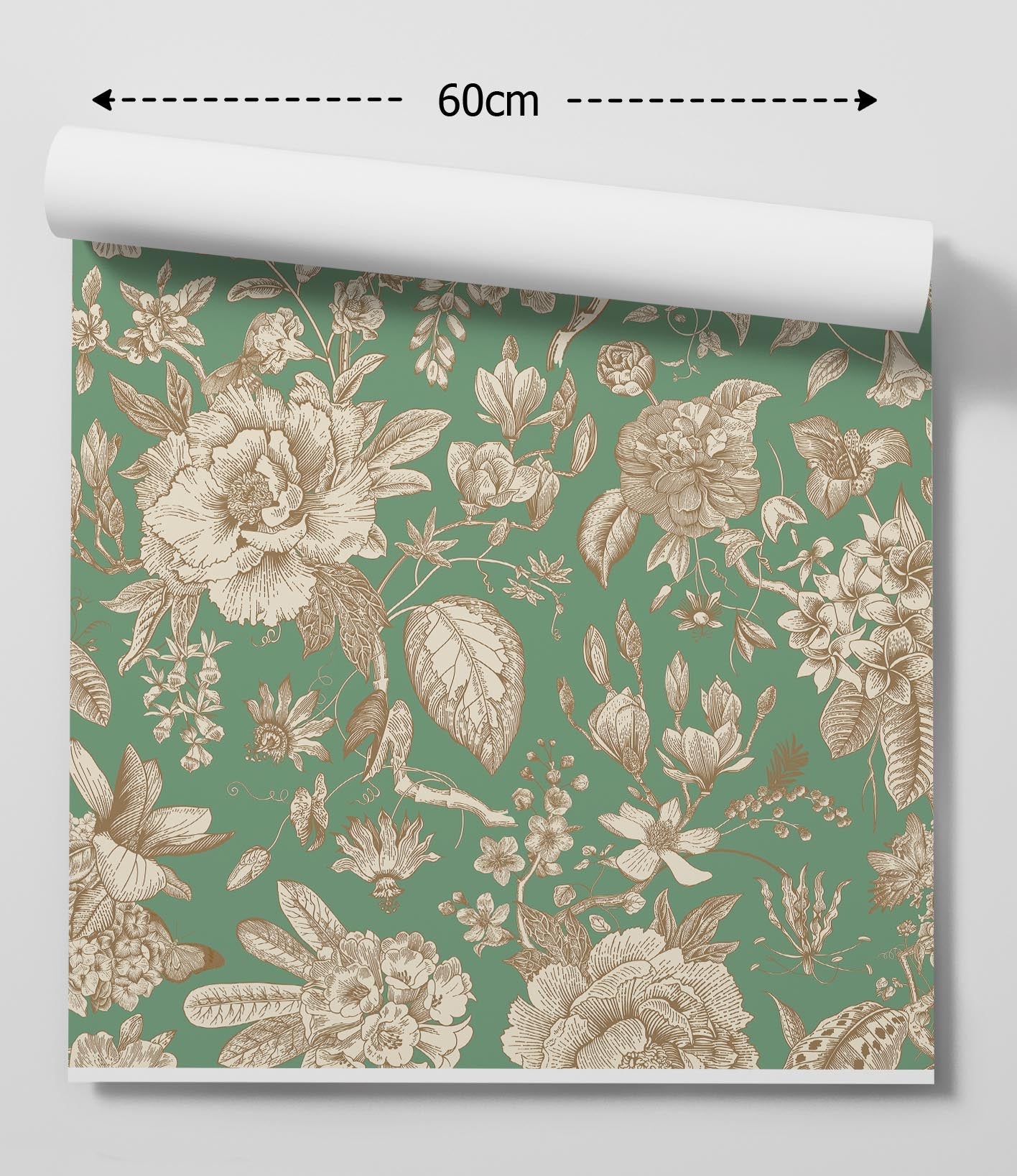A roll of chinoiserie in green wallpaper with intricate beige floral botanical illustrations removable peel and stick design