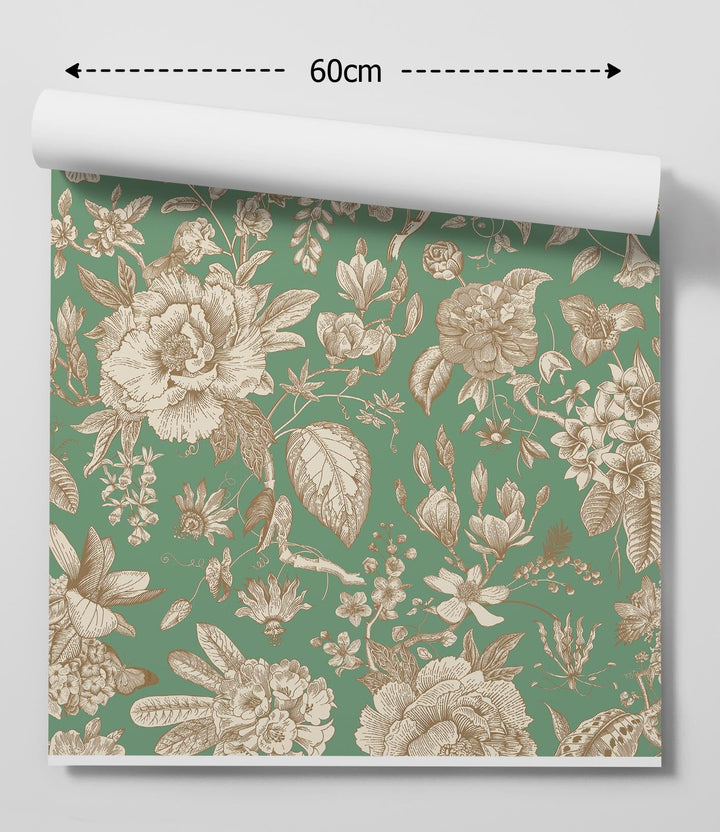 A roll of chinoiserie in green wallpaper with intricate beige floral botanical illustrations removable peel and stick design