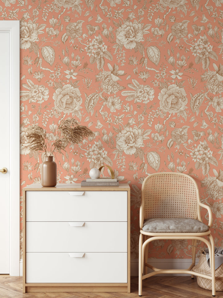A white three-drawer dresser with light wood frame and minimalist handles shown with chinoiserie in pink removable wallpaper