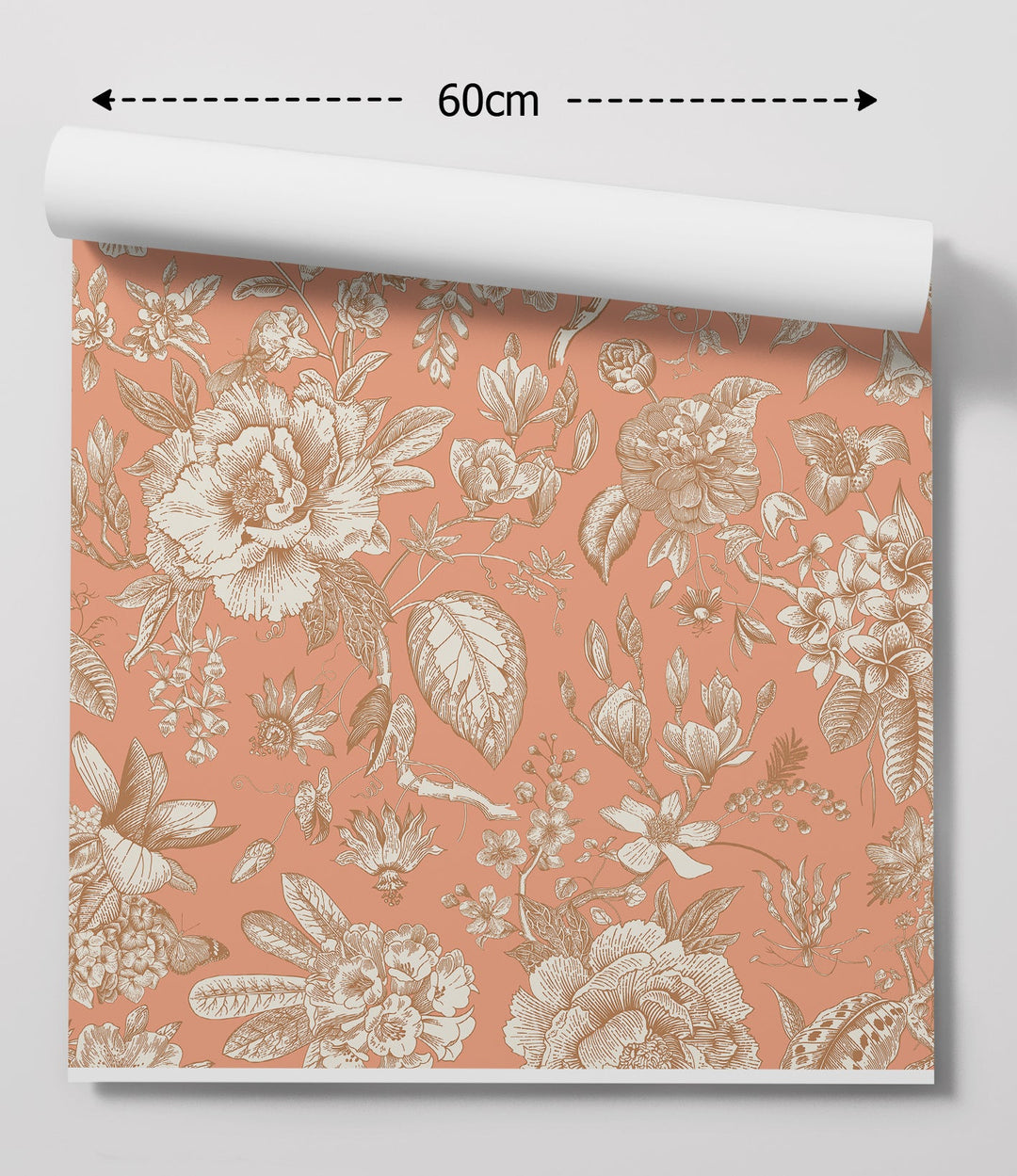 A roll of chinoiserie in pink wallpaper with peach color and vintage cream beige floral peel and stick design