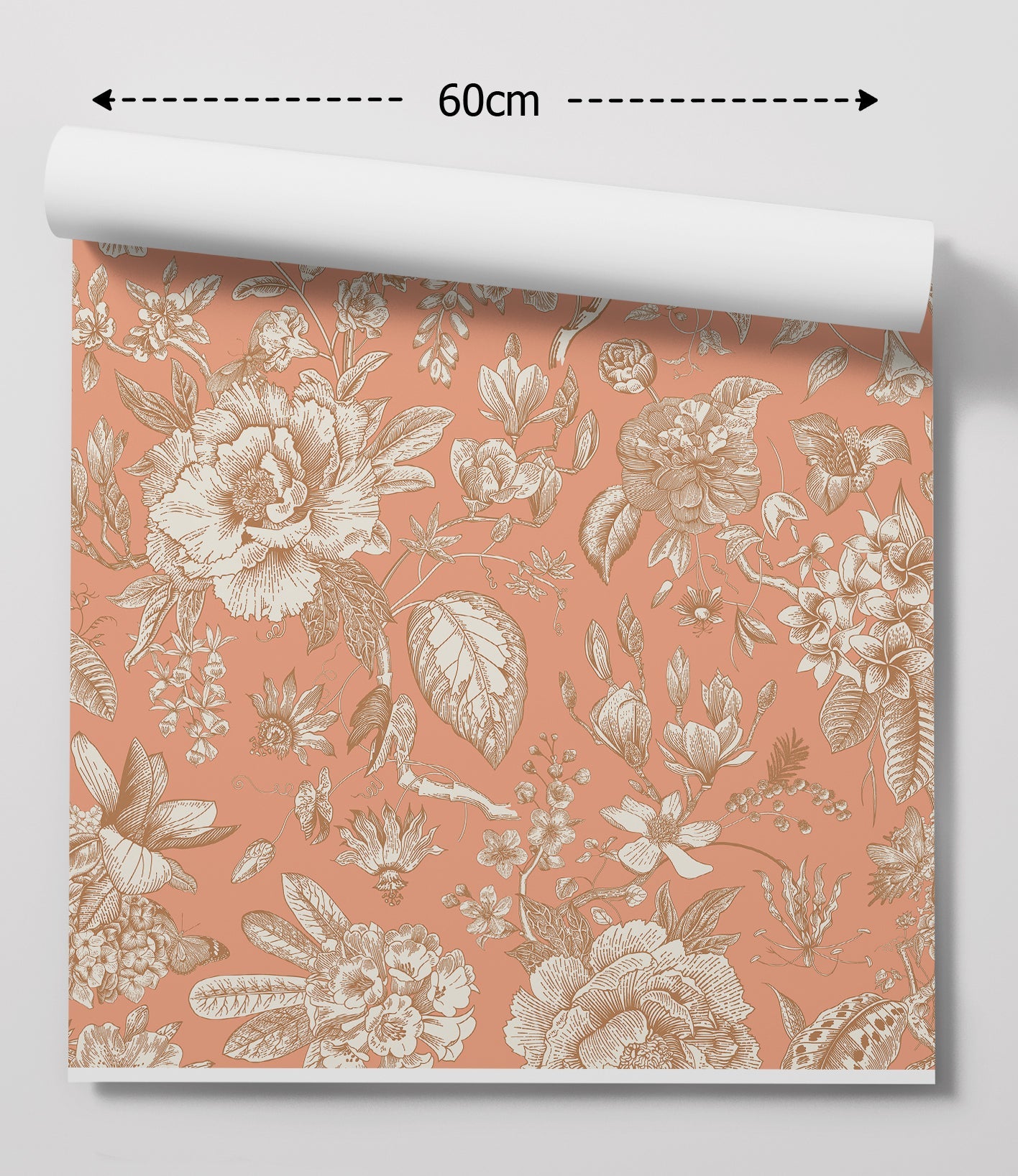 A roll of chinoiserie in pink wallpaper with peach color and vintage cream beige floral peel and stick design