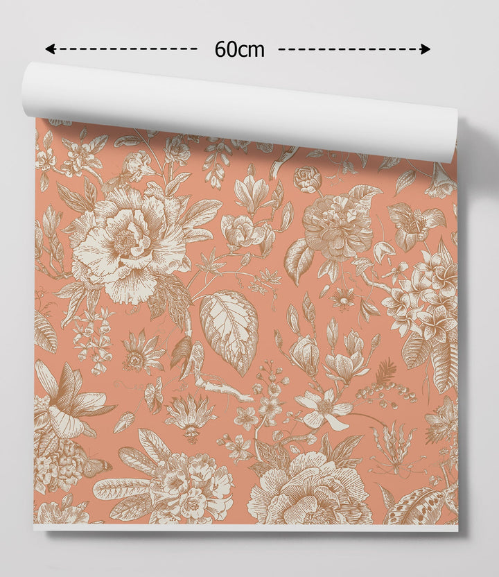A roll of chinoiserie in pink wallpaper with peach color and vintage cream beige floral peel and stick design