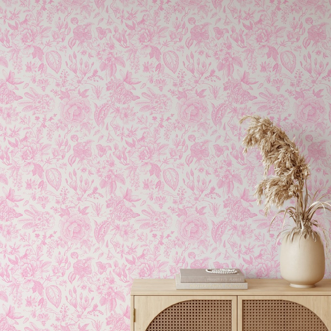 Chinoiserie In Pink Wallpaper - Classic Style Removable Peel and Stick Wallpaper - I Heart Wall Art - Poster Print, Canvas Print or Framed Art Print
