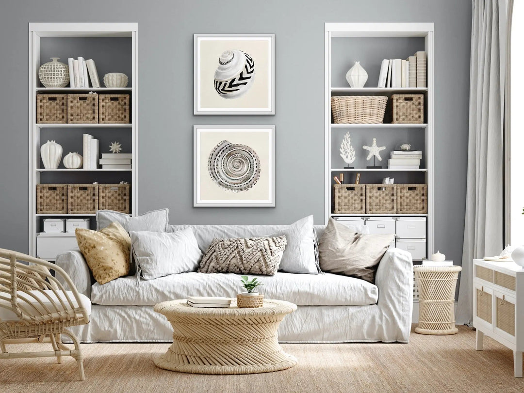 Classic Shell Set - Two Piece Cream and Black Shell Print Set - I Heart Wall Art