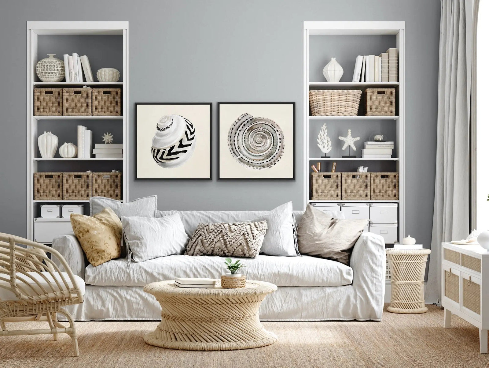 Classic Shell Set - Two Piece Cream and Black Shell Print Set - I Heart Wall Art