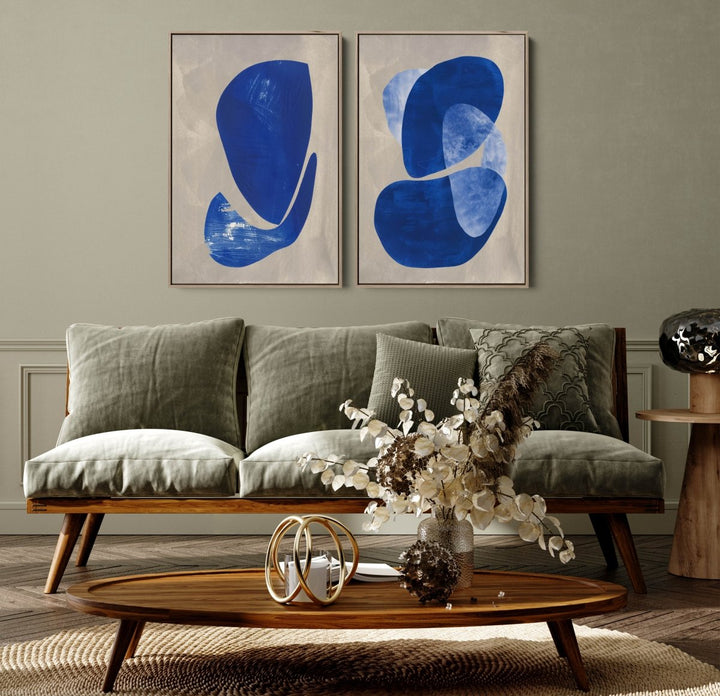 Cold Stone - Two Piece Geometric Blue Abstract Print Set - I Heart Wall Art - Poster Print, Canvas Print or Framed Art Print