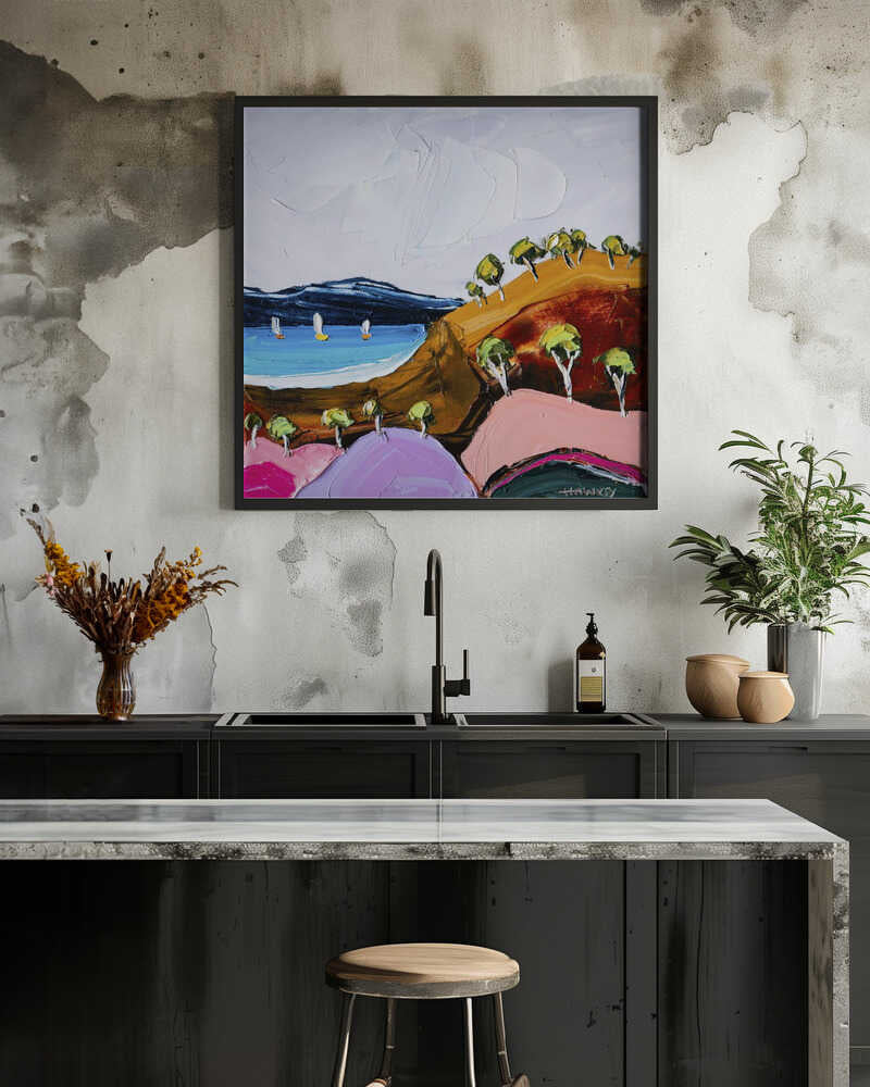 Colorful Coastal Sailboats - Square Stretched Canvas, Poster or Fine Art Print by Angela Hawkey - I Heart Wall Art - Poster Print, Canvas Print or Framed Art Print