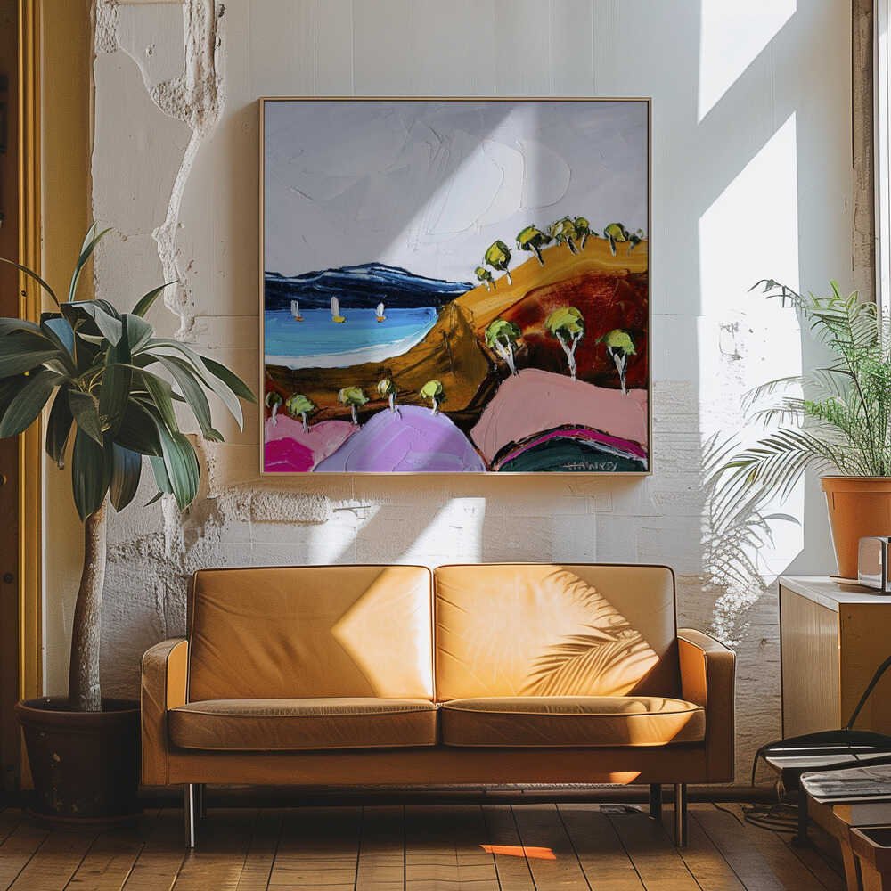 Colorful Coastal Sailboats - Square Stretched Canvas, Poster or Fine Art Print by Angela Hawkey - I Heart Wall Art - Poster Print, Canvas Print or Framed Art Print