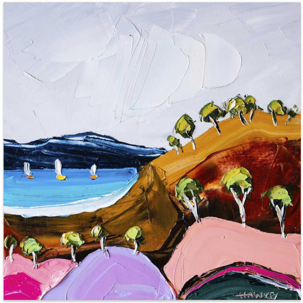 Colorful Coastal Sailboats - Square Stretched Canvas, Poster or Fine Art Print by Angela Hawkey - I Heart Wall Art - Poster Print, Canvas Print or Framed Art Print