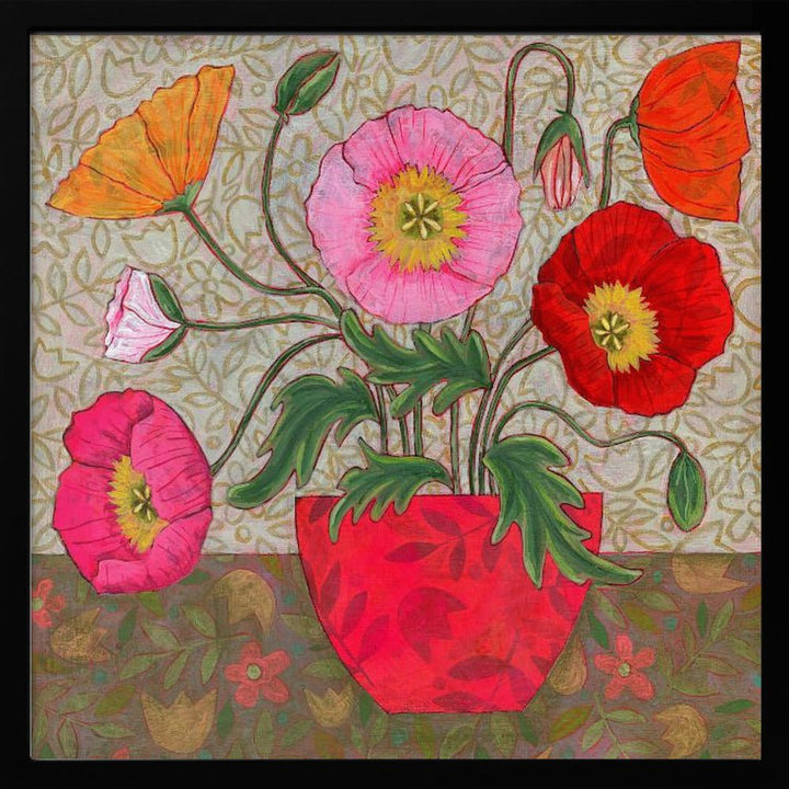 Colorful Poppies In A Red Vase - Square Stretched Canvas, Poster or Fine Art Print - I Heart Wall Art - Poster Print, Canvas Print or Framed Art Print