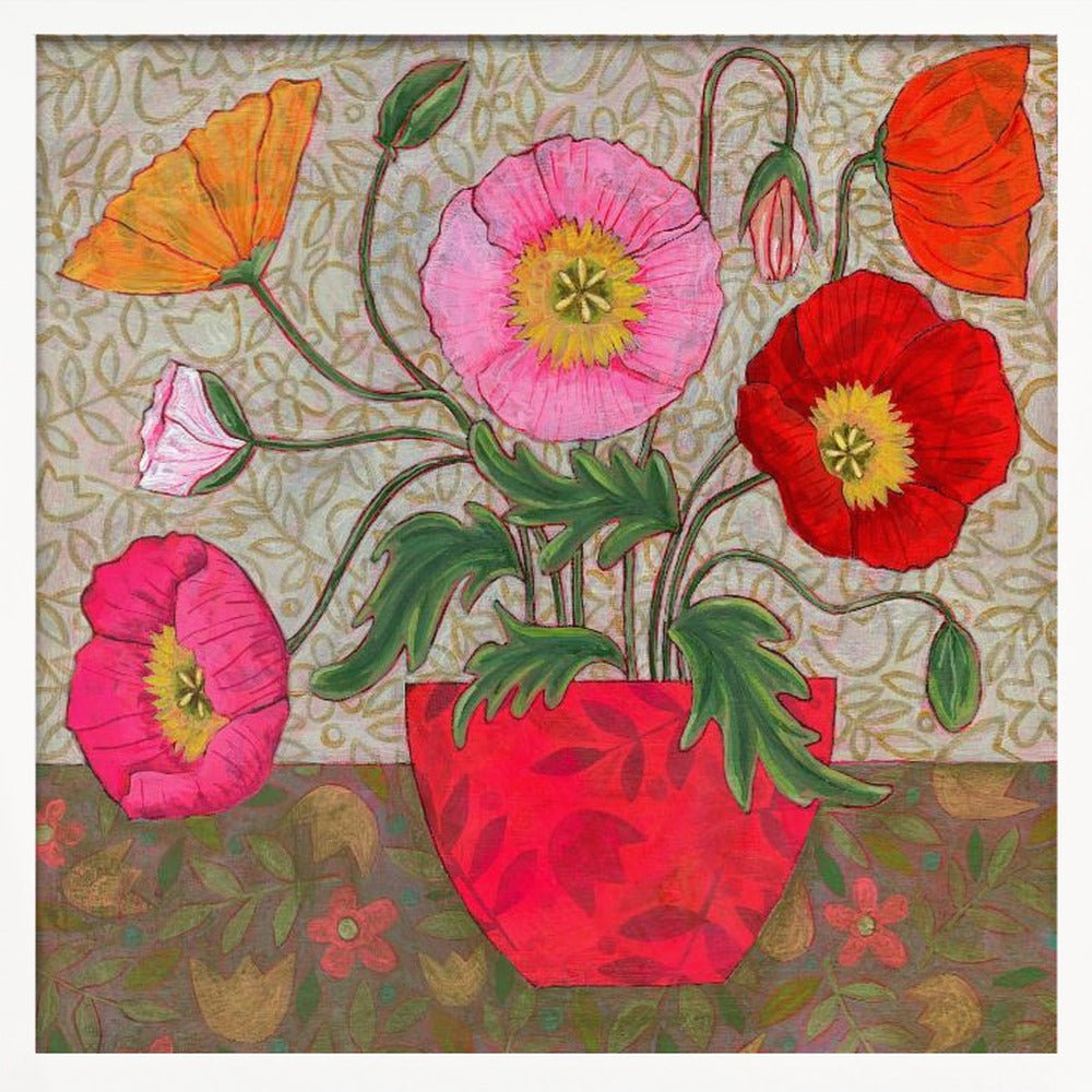 Colorful Poppies In A Red Vase - Square Stretched Canvas, Poster or Fine Art Print - I Heart Wall Art - Poster Print, Canvas Print or Framed Art Print