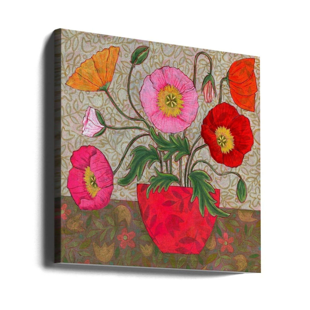 Colorful Poppies In A Red Vase - Square Stretched Canvas, Poster or Fine Art Print - I Heart Wall Art - Poster Print, Canvas Print or Framed Art Print