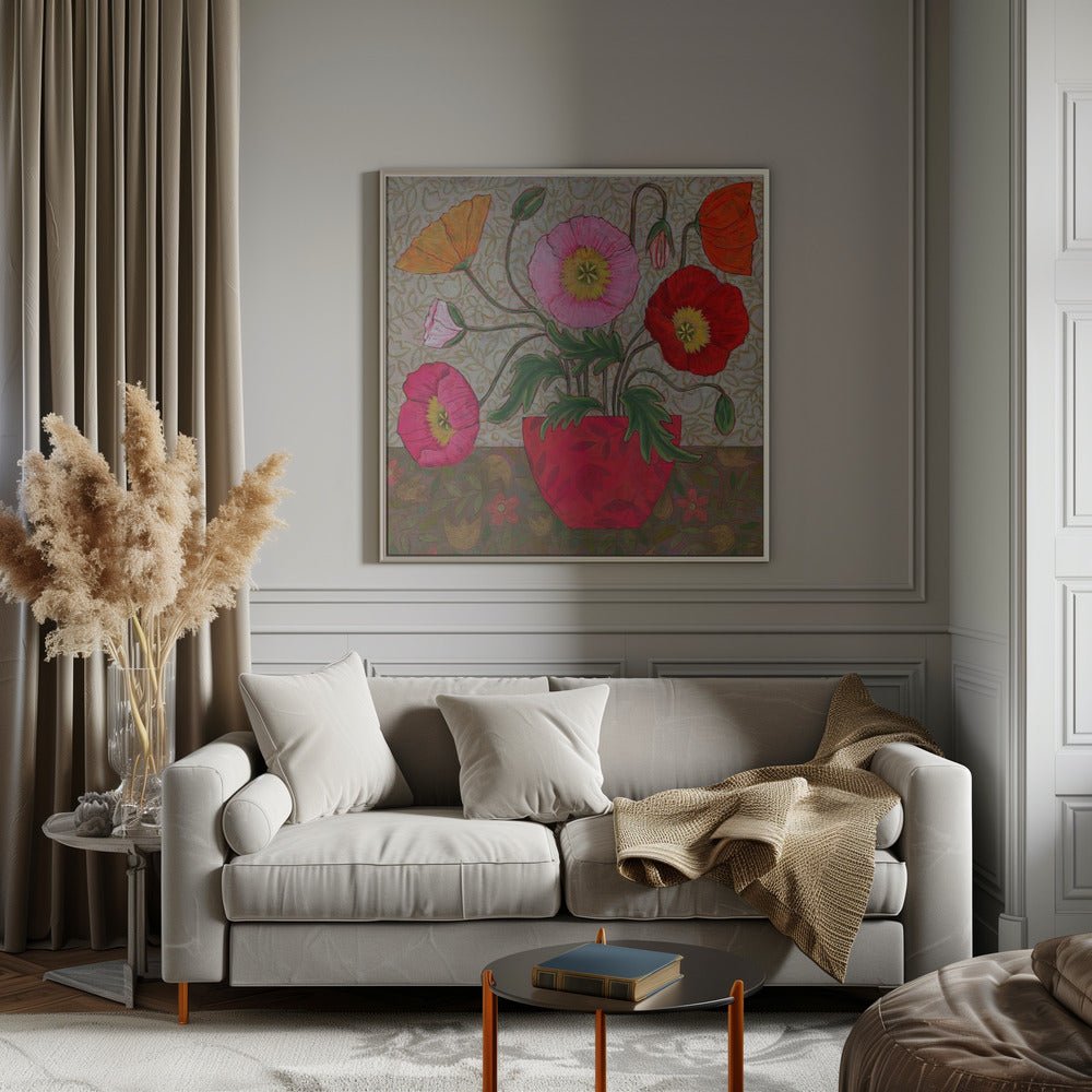 Colorful Poppies In A Red Vase - Square Stretched Canvas, Poster or Fine Art Print - I Heart Wall Art - Poster Print, Canvas Print or Framed Art Print