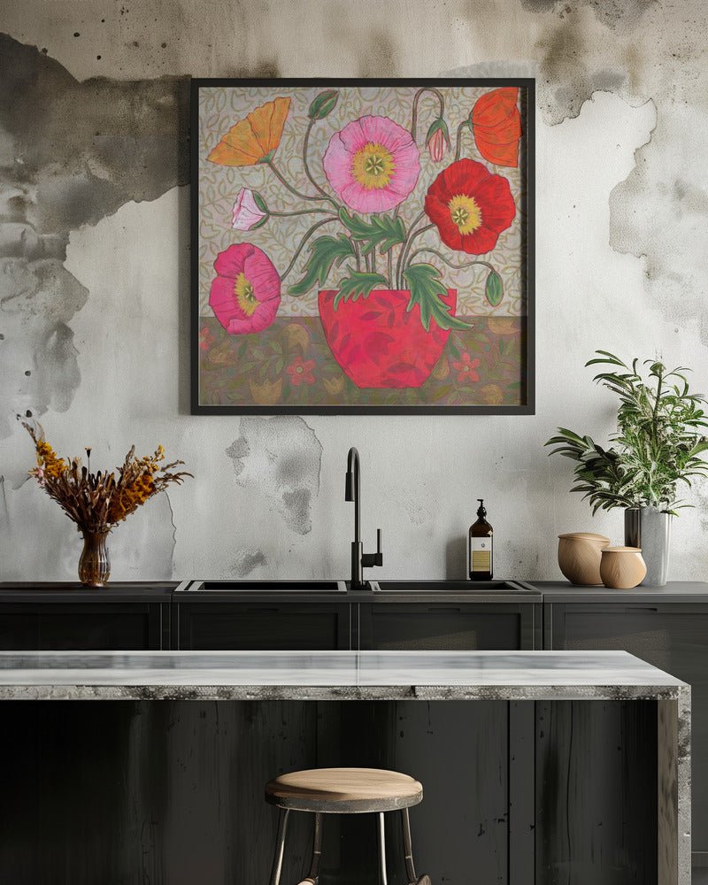 Colorful Poppies In A Red Vase - Square Stretched Canvas, Poster or Fine Art Print - I Heart Wall Art - Poster Print, Canvas Print or Framed Art Print