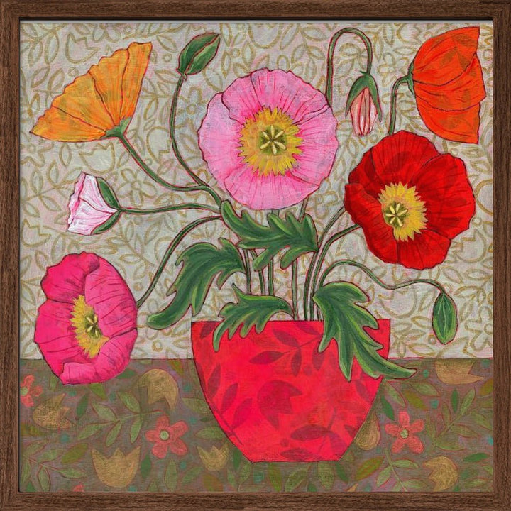 Colorful Poppies In A Red Vase - Square Stretched Canvas, Poster or Fine Art Print - I Heart Wall Art - Poster Print, Canvas Print or Framed Art Print