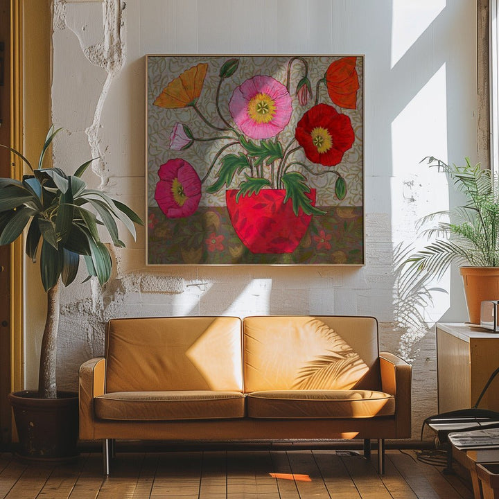 Colorful Poppies In A Red Vase - Square Stretched Canvas, Poster or Fine Art Print - I Heart Wall Art - Poster Print, Canvas Print or Framed Art Print