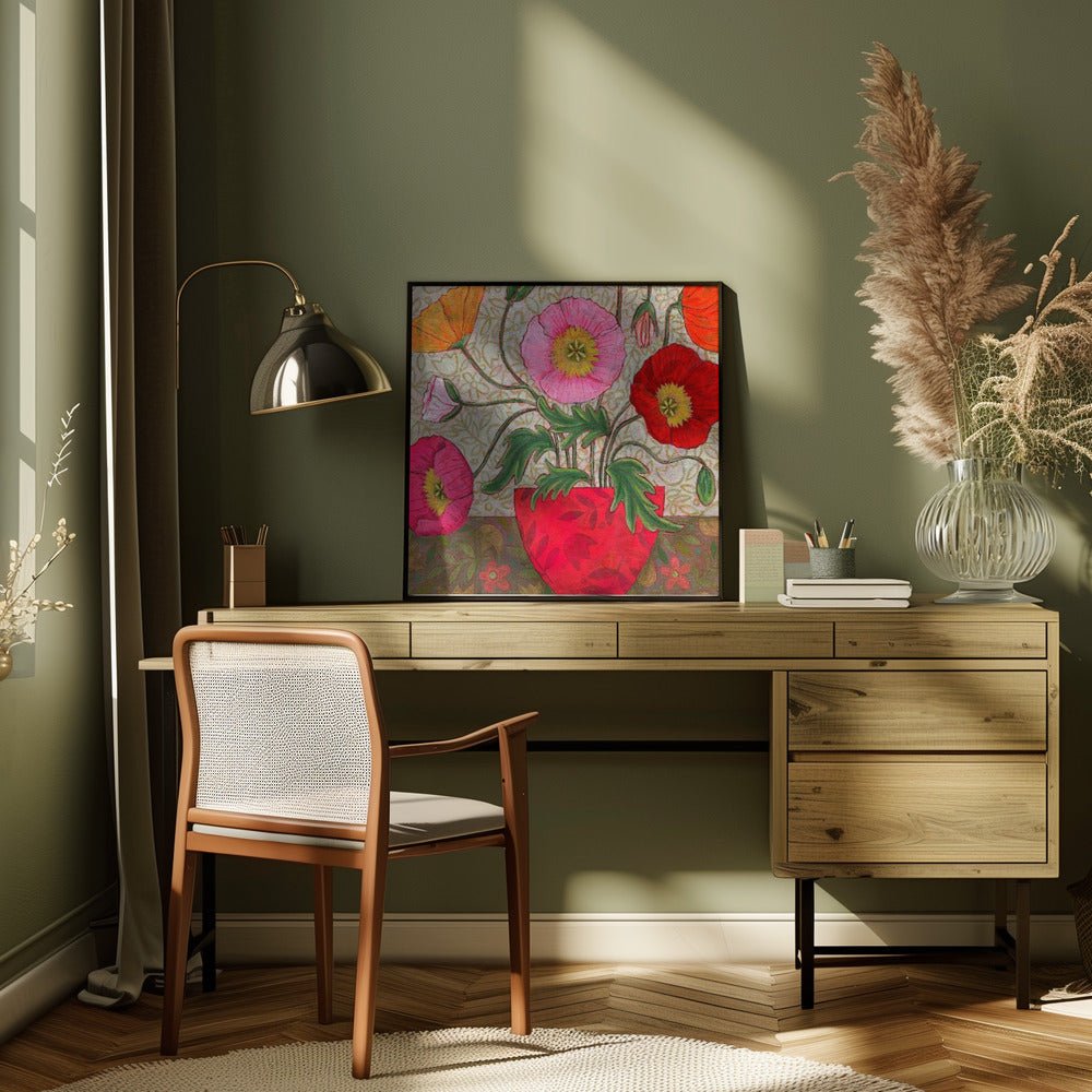 Colorful Poppies In A Red Vase - Square Stretched Canvas, Poster or Fine Art Print - I Heart Wall Art - Poster Print, Canvas Print or Framed Art Print