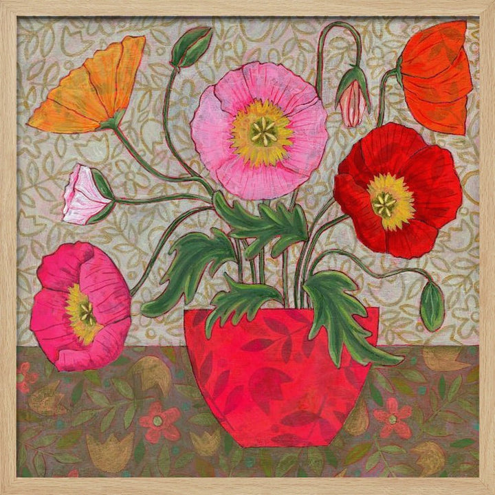 Colorful Poppies In A Red Vase - Square Stretched Canvas, Poster or Fine Art Print - I Heart Wall Art - Poster Print, Canvas Print or Framed Art Print