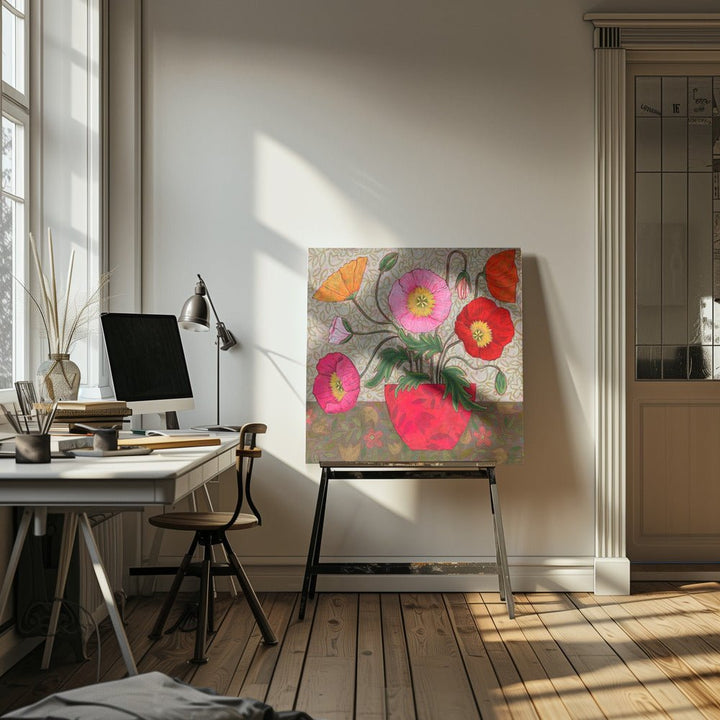 Colorful Poppies In A Red Vase - Square Stretched Canvas, Poster or Fine Art Print - I Heart Wall Art - Poster Print, Canvas Print or Framed Art Print