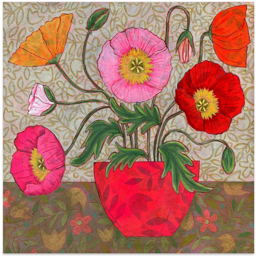Colorful Poppies In A Red Vase - Square Stretched Canvas, Poster or Fine Art Print - I Heart Wall Art - Poster Print, Canvas Print or Framed Art Print