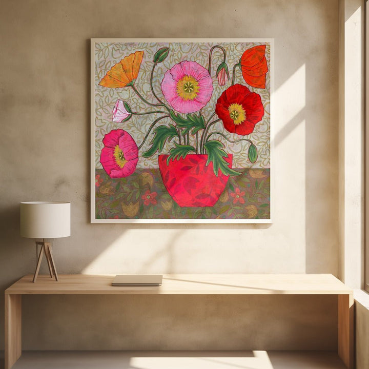 Colorful Poppies In A Red Vase - Square Stretched Canvas, Poster or Fine Art Print - I Heart Wall Art - Poster Print, Canvas Print or Framed Art Print